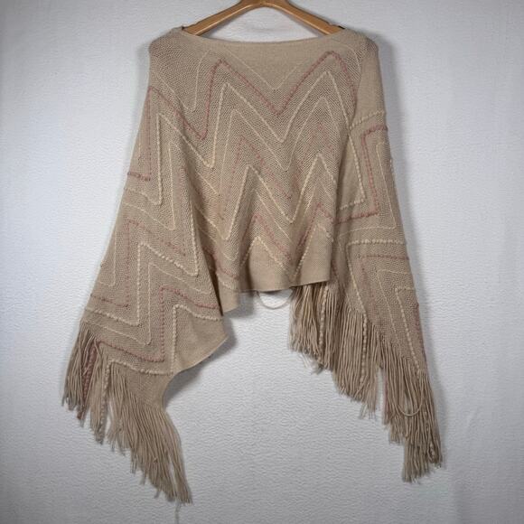 Karma Cream & Peach Textured Knit Poncho Pullover Fringe Boho Hippie Festival - Picture 2 of 7
